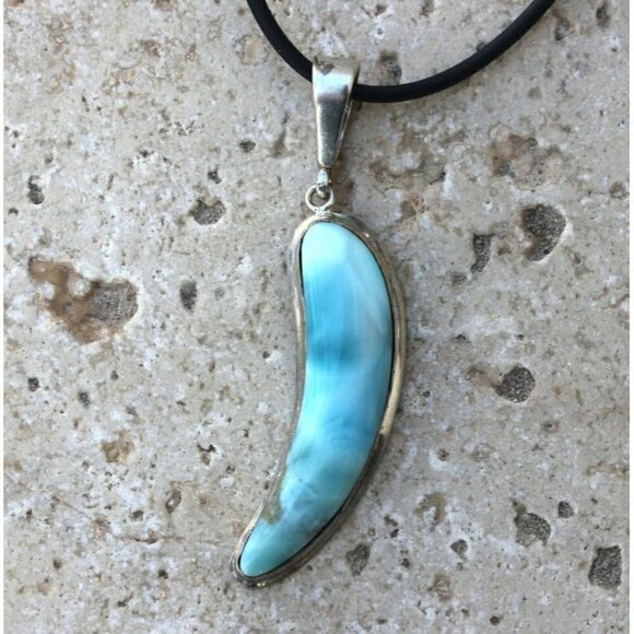 High Quality Aqua Blue Larimar Stone Sterling Silver Curve Pendant Cord Necklace - Picture 1 of 6